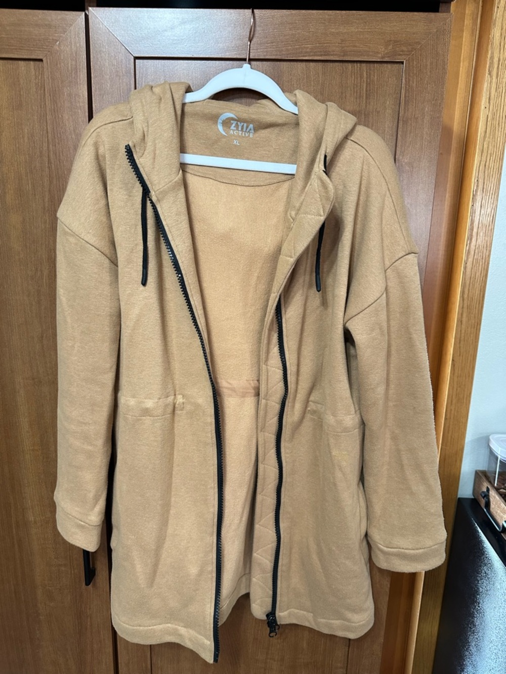 ZYIA Women's Camel Zip-Front Hooded Teddy Jacket